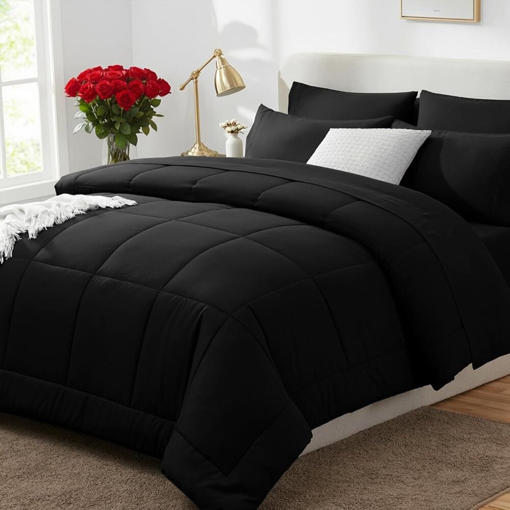 Queen Comforter Set Black, 7 Pieces Bed in a Bag, Black Comforter Queen Size, Al